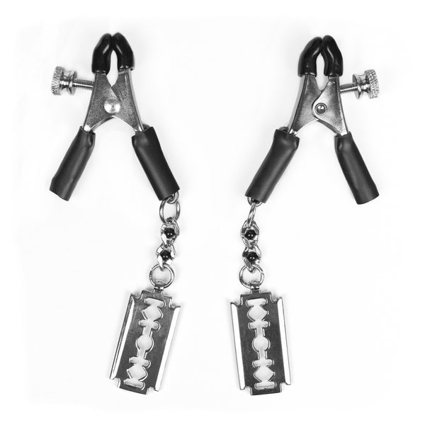 Allgator tip clamp bully rings, micro plier clamp w/razor blade pendant